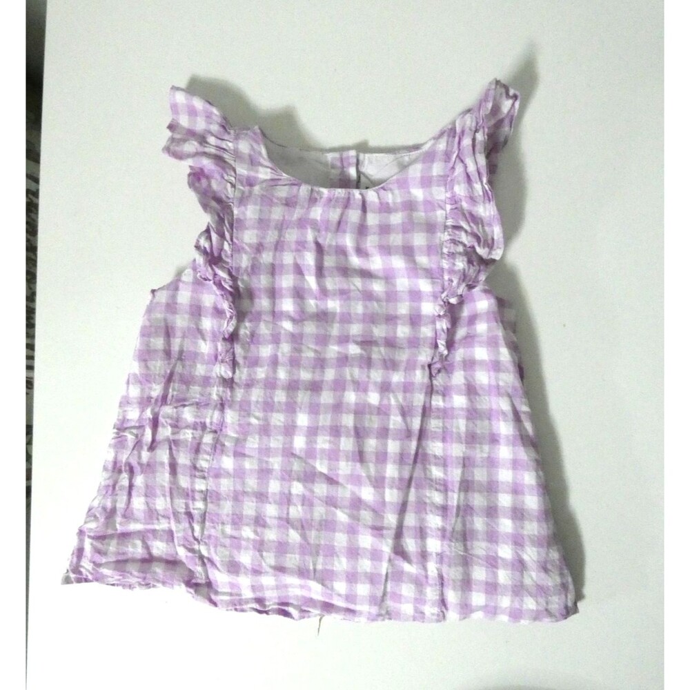 Janie And Jack Girls 6 Purple White Gingham Ruffle Sleeve Top 100% Cotton Aline